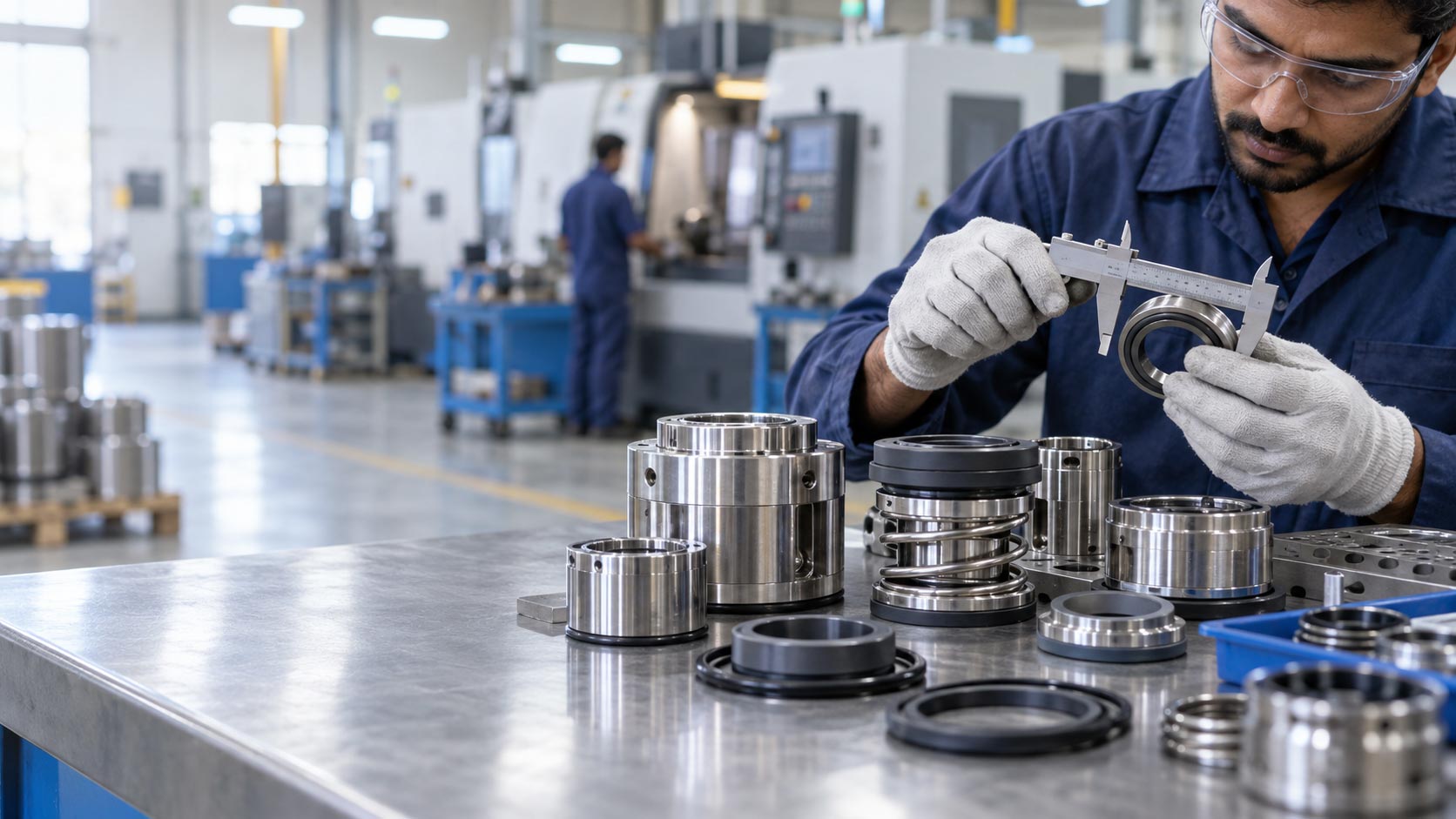 Mechanical seal manufacturer inspecting industrial mechanical seal components at Ashish Seals India Mohali workshop